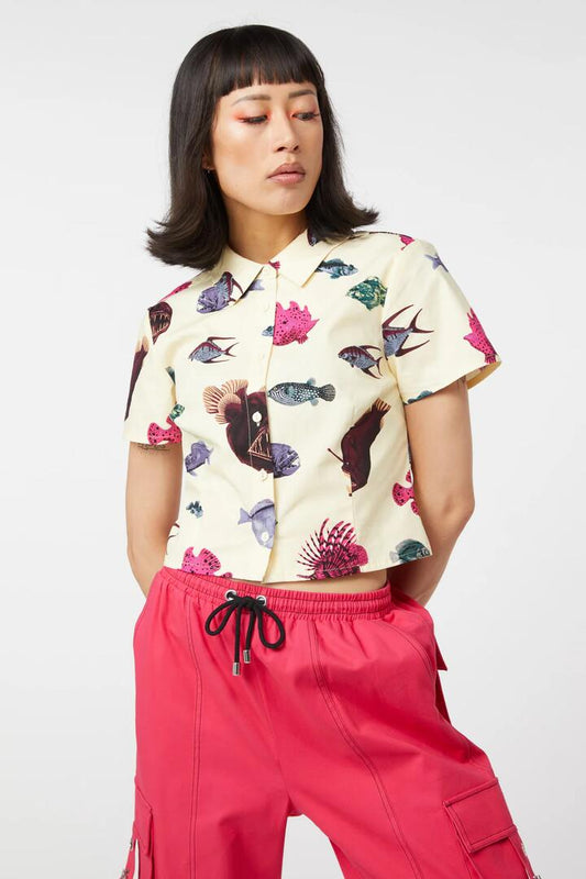 Image of a model wearing Tops. Productname: Deep Sea Print Blouse in Cream colour by brand - Dangerfield