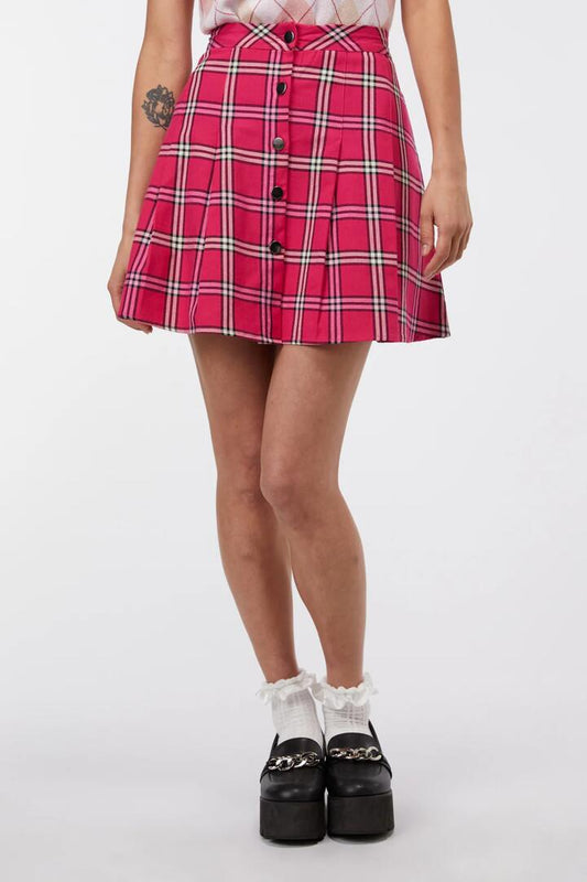 Image of a model wearing Skirts. Productname: Tartan Skater Skirt in Pink colour by brand - Dangerfield