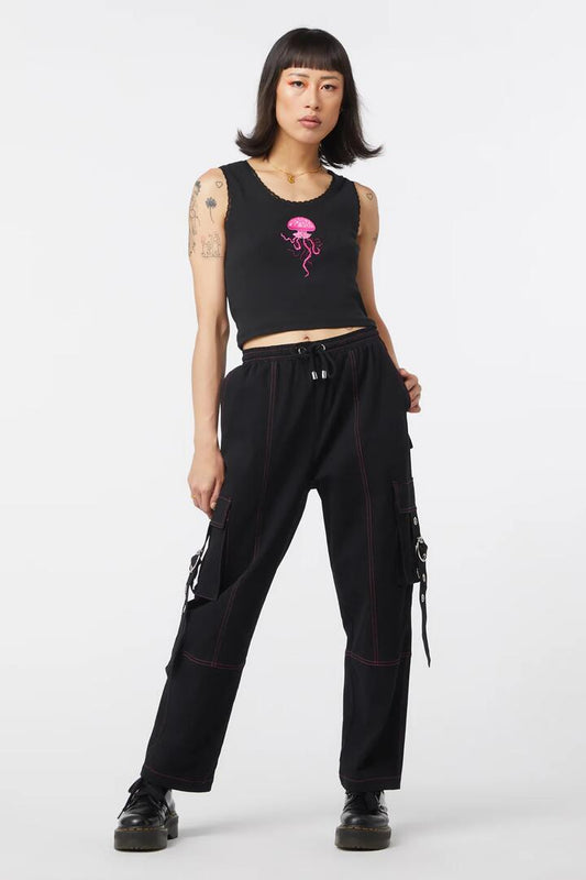 Image of a model wearing Pants. Product name - Contrast Stitch School Cargo in Black colour by brand - Dangerfield