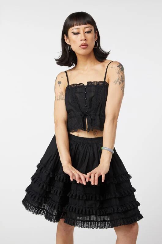 Image of a model wearing Tops. Productname: Dutchess Lace Trim Cami in Black colour by brand - Dangerfield