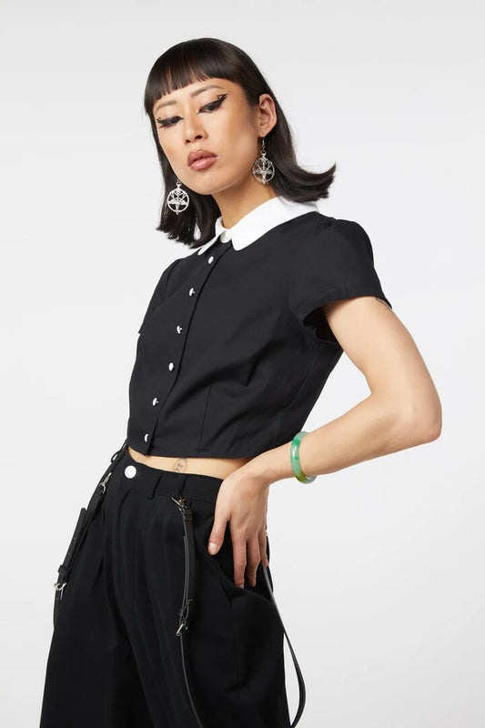 Image of a model wearing Tops. Productname: Tweedledee Blouse in Black colour by brand - Dangerfield