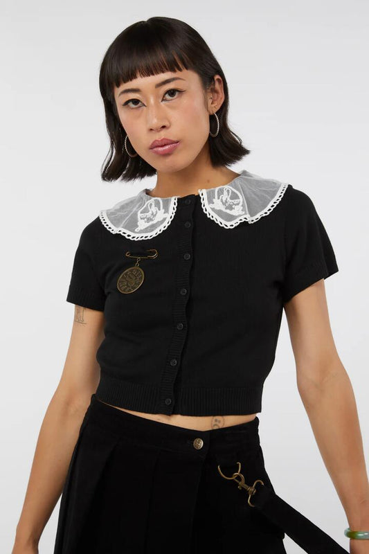 Image of a model wearing Outerwear. Productname: Very Late Cardigan in Black colour by brand - Dangerfield