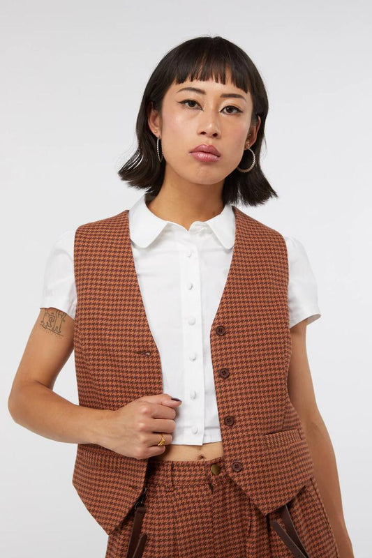 Image of a model wearing Tops. Productname: Dodo Houndstooth Vest in Brown colour by brand - Dangerfield
