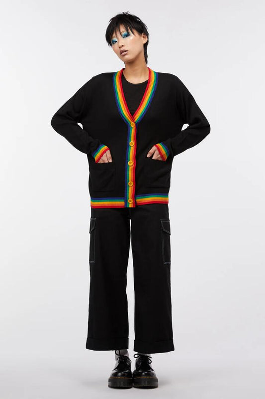 Image of a model wearing Outerwear. Productname: Rainbow Ringer Cardi in Black colour by brand - Dangerfield