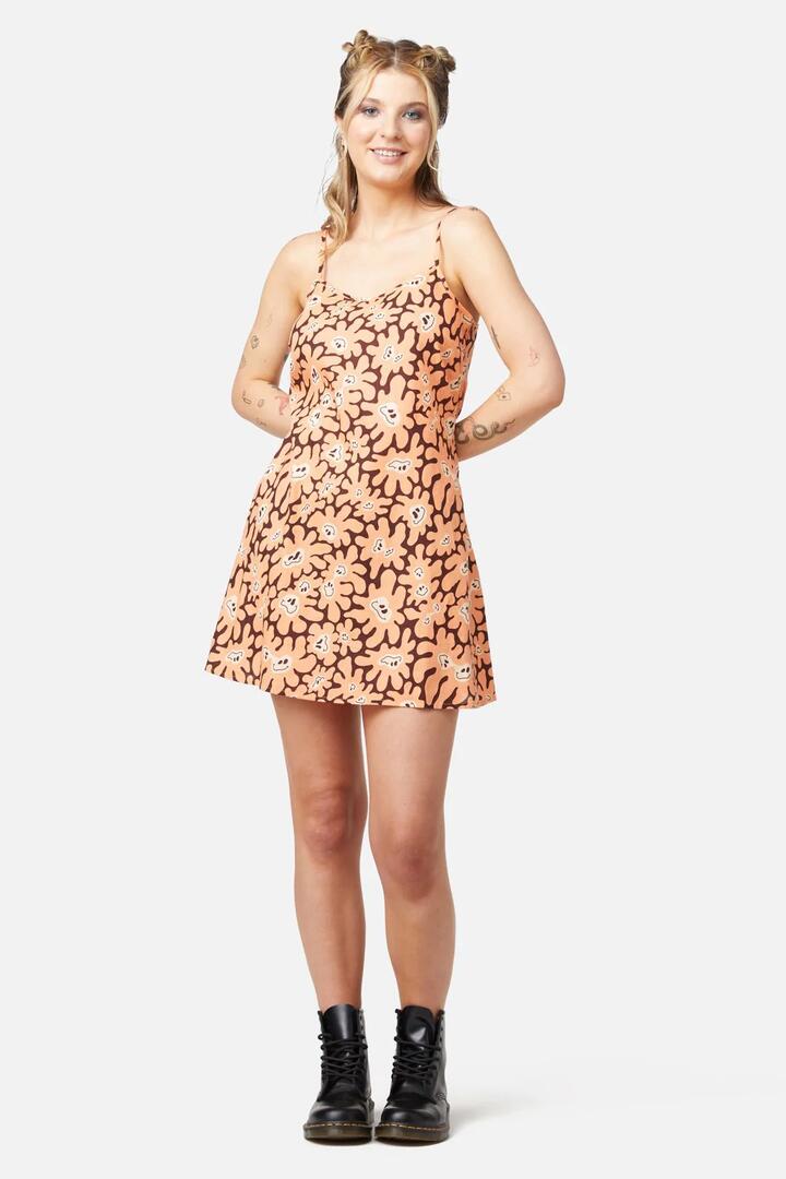 Image of a model wearing Dress. Productname: Flower Frenzy Dress in Brown colour by brand - Dangerfield