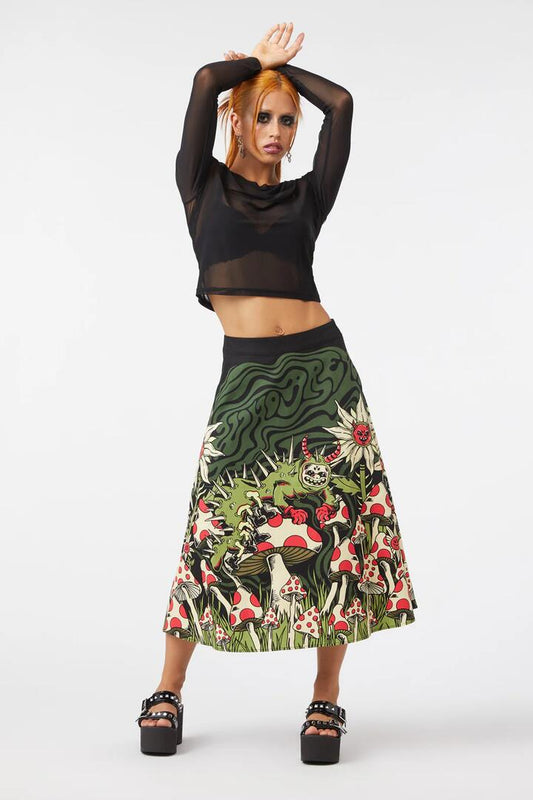 Image of a model wearing Skirts. Productname: Who Are You Scene Border Skirt in Black colour by brand - Dangerfield