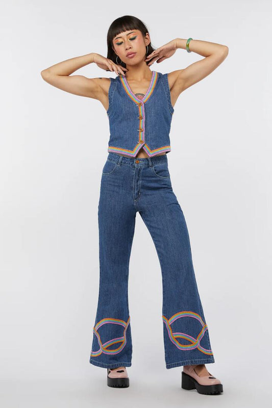 Image of a model wearing Denim. Productname: Rise And Shine Jean in Blue colour by brand - Dangerfield