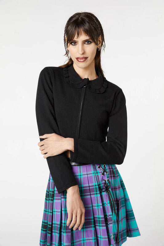 Image of a model wearing Outerwear. Productname: Tabby Collar Cardi in Black colour by brand - Dangerfield