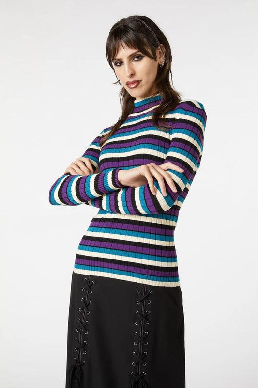 Image of a model wearing Tops. Productname: Tabby Stripe Skivvy Knit in Multi colour by brand - Dangerfield