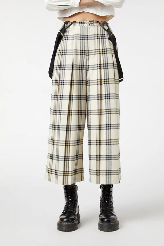 Image of a model wearing Pants. Productname: Crescent Tartan Pleated Culottes in Beige colour by brand - Dangerfield