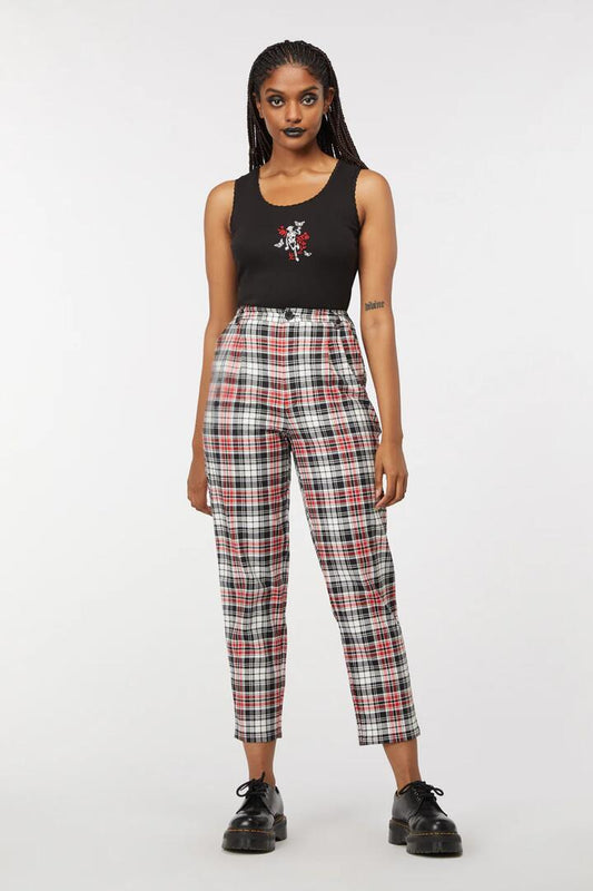 Image of a model wearing Pants. Productname: Skelly Tartan Regular Pant in Red/Black colour by brand - Dangerfield