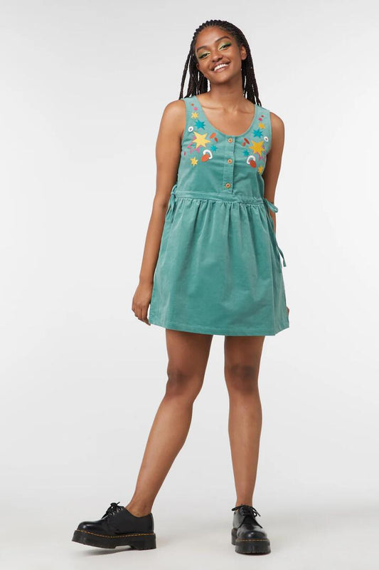Image of a model wearing Dress. Productname: Bianca Pinafore in Teal colour by brand - Dangerfield