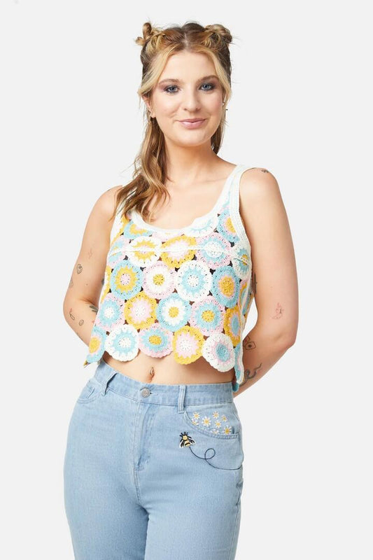 Image of a model wearing Tops. Productname: Crafty Crochet Top in Multi colour by brand - Dangerfield