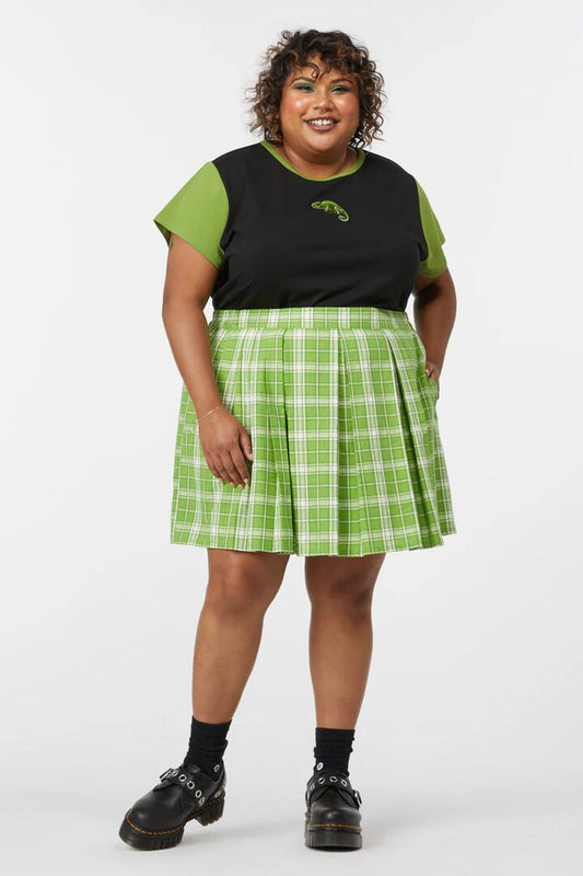 Image of a model wearing Skirts. Productname: Curve Dazed Tartan Mini Skirt in Green colour by brand - Dangerfield