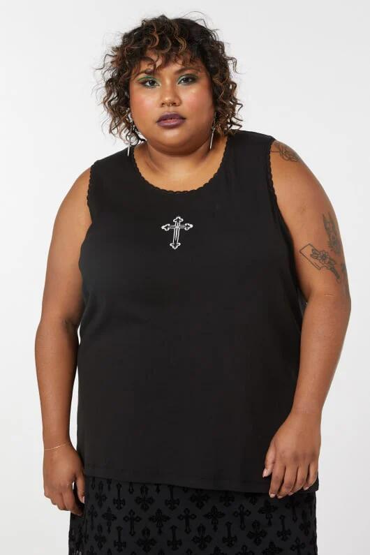 Image of a model wearing Tops. Productname: Curve Crucifix Lace Tank in Black colour by brand - Dangerfield