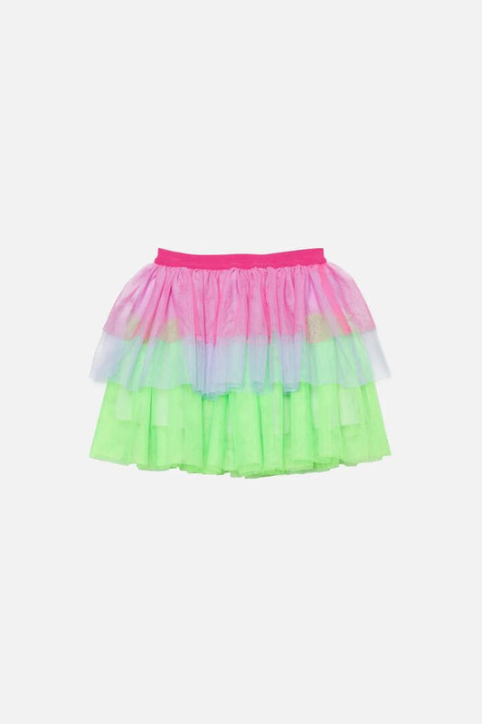 Image of a model wearing Skirts. Productname: Colour Block Kids Mesh Layered Skirt in Multi colour by brand - Dangerkids