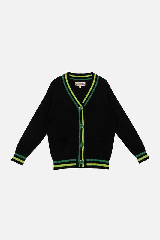 Image of a model wearing Outerwear. Productname: Preppy Kids Cardigan in Black colour by brand - Dangerkids
