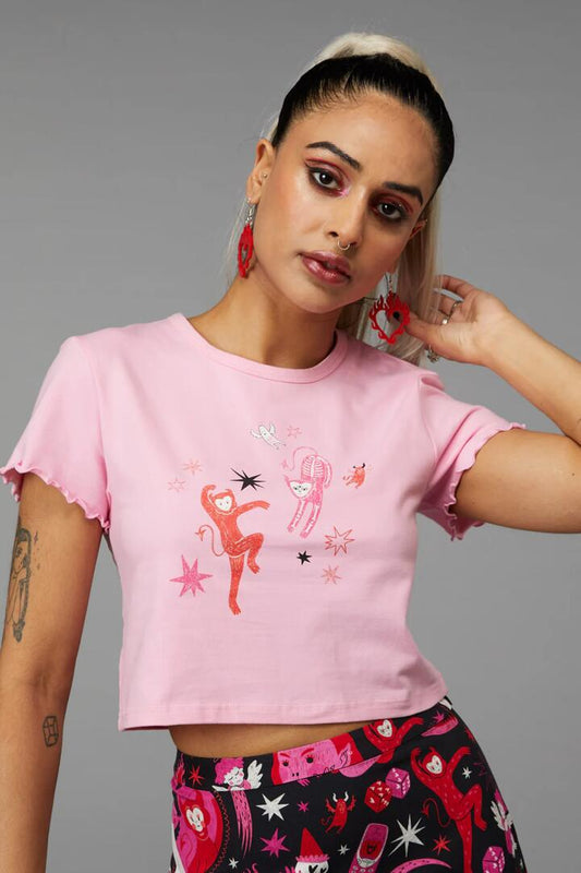 Image of a model wearing Tops. Productname: Dancing Devils Tee in Pink colour by brand - Black Friday