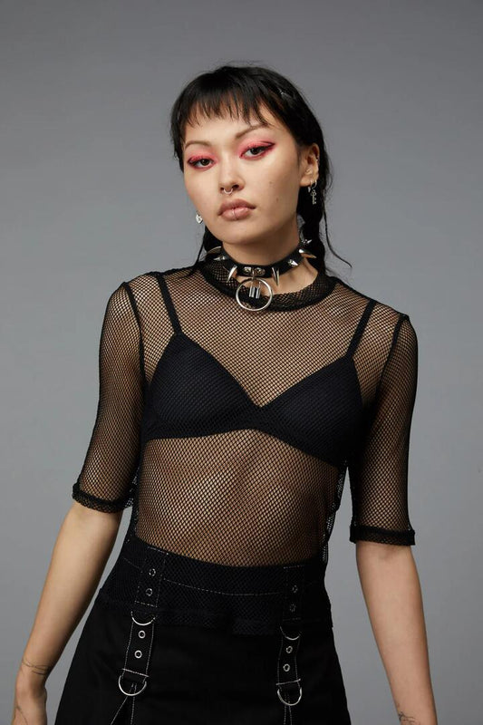 Image of a model wearing Tops. Productname: Wide Mesh Top in Black colour by brand - Black Friday