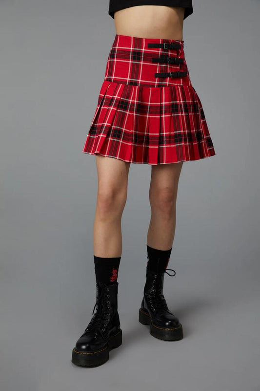 Image of a model wearing Skirts. Productname: Demonic Tartan Skirt in Red colour by brand - Black Friday