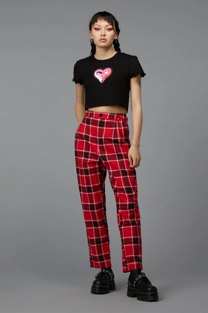 Image of a model wearing Pants. Productname: Demonic Tartan Pant in Red colour by brand - Black Friday