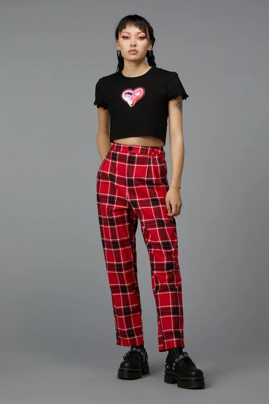 Image of a model wearing Pants. Productname: Demonic Tartan Pant in Red colour by brand - Black Friday