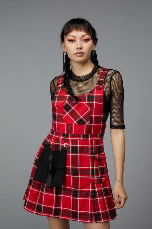 Image of a model wearing Dress. Productname: Demonic Tartan Pinafore in Red colour by brand - Black Friday