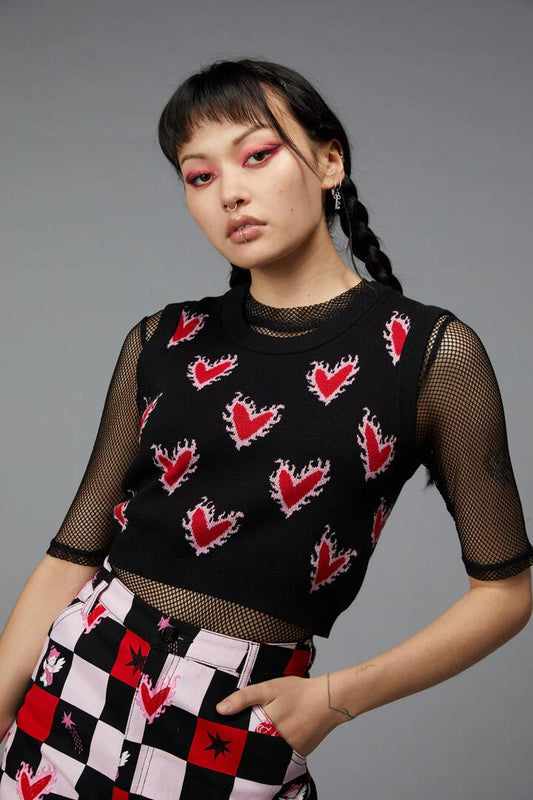 Image of a model wearing Tops. Productname: Flamin Hearts Vest in Black colour by brand - Black Friday