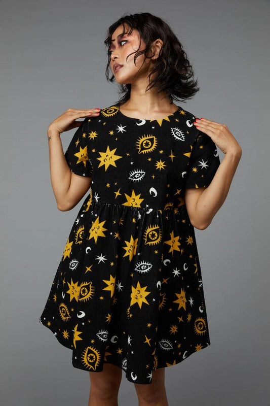 Image of a model wearing Dress. Productname: Celestial Print Dress in Black colour by brand - Black Friday
