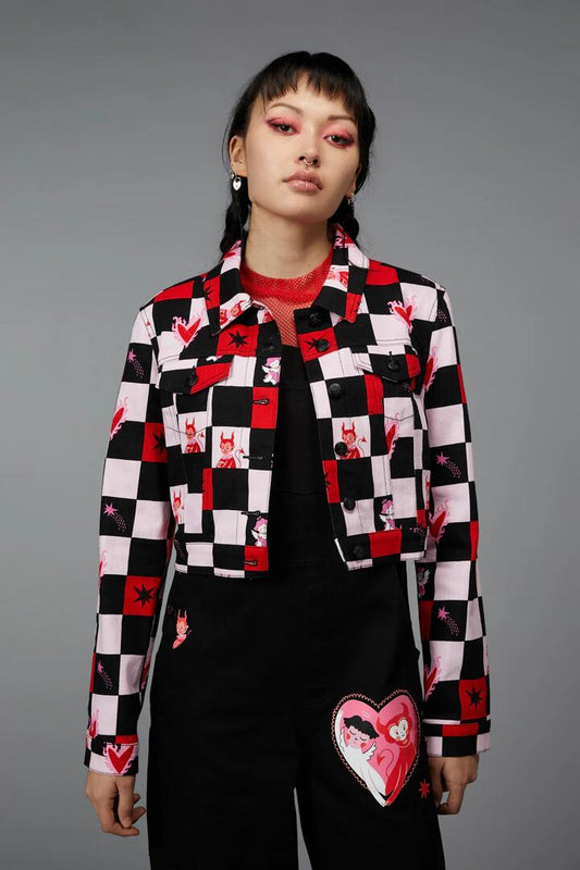 Image of a model wearing Outerwear. Productname: Check It Out Goth Jacket in Red/Pink colour by brand - Black Friday