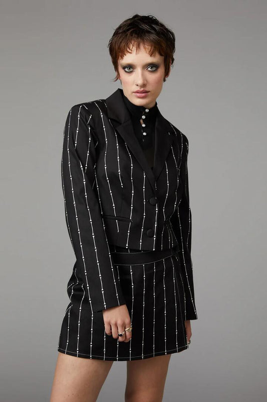 Image of a model wearing Outerwear. Productname: Funny Bone Blazer in Black colour by brand - Black Friday