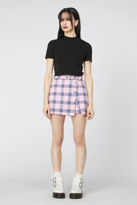 Image of a model wearing Skirts. Productname: Pastel Tartan Belted Skort in Pink colour by brand - Dangerfield