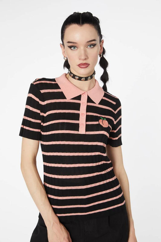 Image of a model wearing Tops. Productname: Stripey Peach Collar Knit in Black colour by brand - Dangerfield