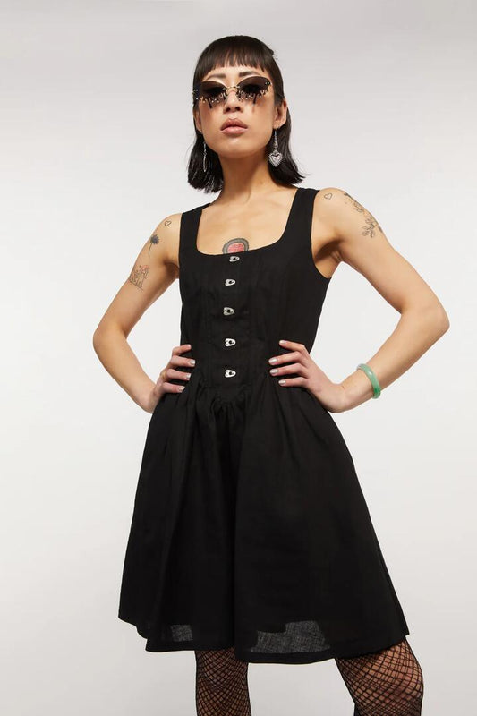 Image of a model wearing Dress. Productname: Carpe Diem Corset Dress in Black colour by brand - Dangerfield