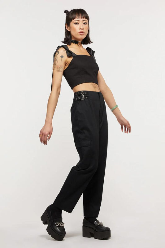 Image of a model wearing Pants. Productname: Goth Belted Pants in Black colour by brand - Dangerfield
