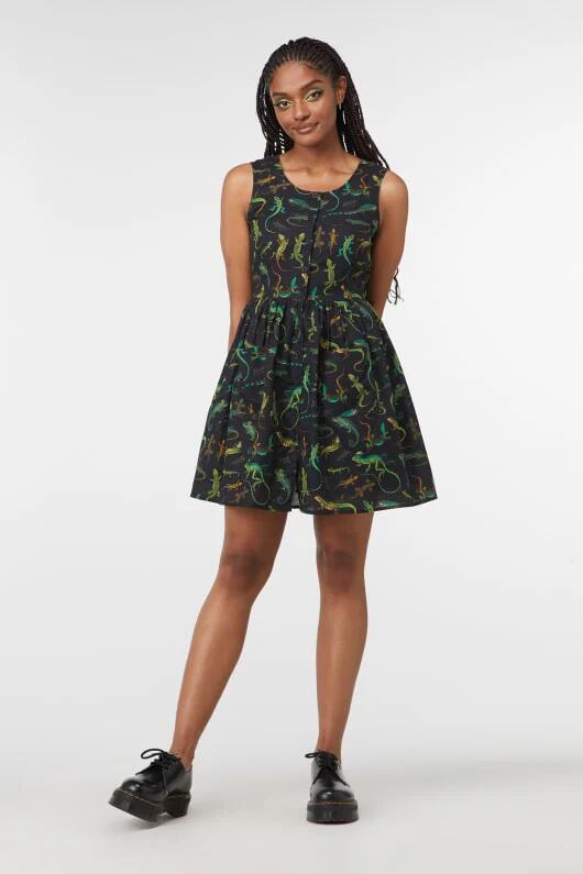 Image of a model wearing Dress. Productname: Lizard Fam Cotton Dress in Black colour by brand - Dangerfield