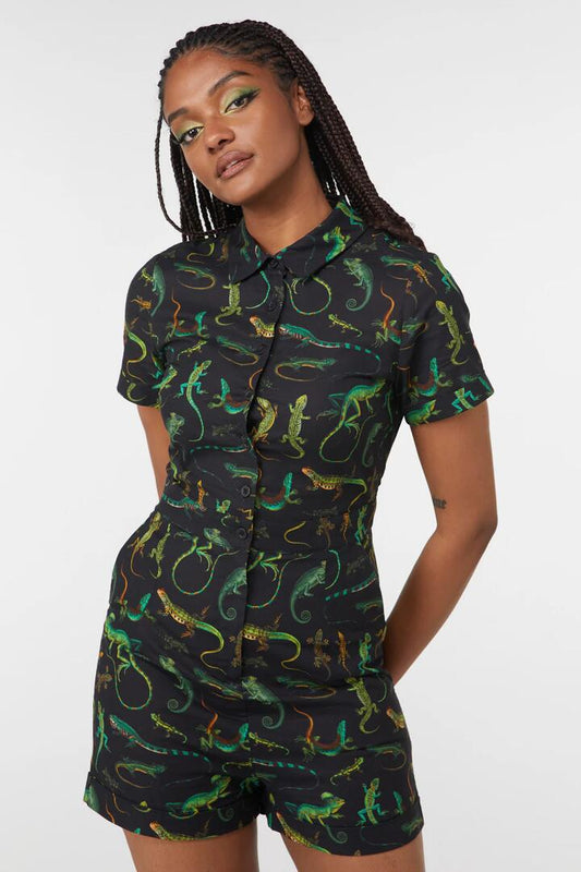 Image of a model wearing Dress. Productname: Lizard Fam Cotton Playsuit in Black colour by brand - Dangerfield