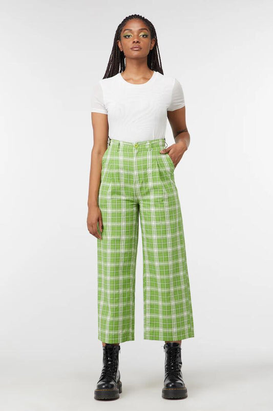 Image of a model wearing Pants. Productname: Dazed Tartan Wide Leg Pant in Green colour by brand - Dangerfield