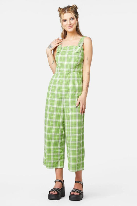 Image of a model wearing Outerwear. Productname: Dazed Tartan Jumpsuit in Green colour by brand - Dangerfield