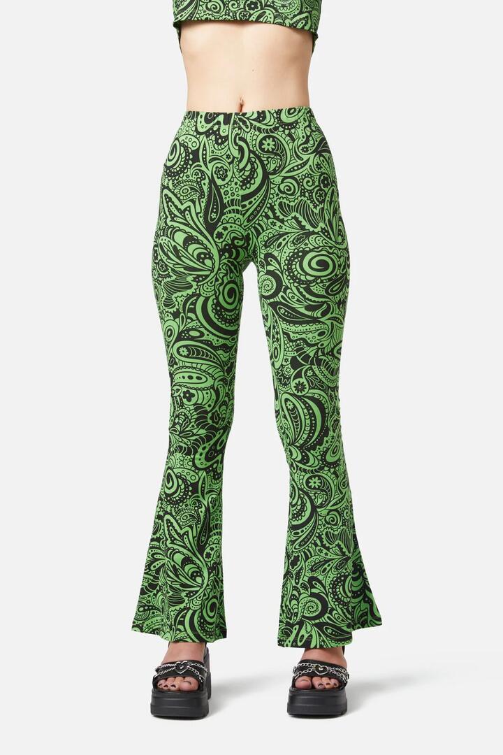Image of a model wearing Tops. Productname: Acid Paisley Jersey Flares in Green/Black colour by brand - Dangerfield