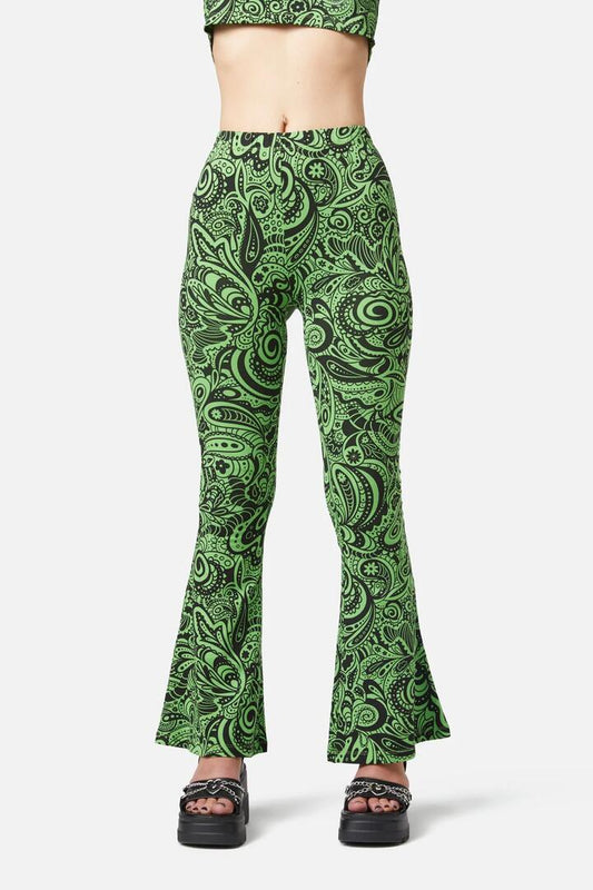 Image of a model wearing Tops. Productname: Acid Paisley Jersey Flares in Green/Black colour by brand - Dangerfield