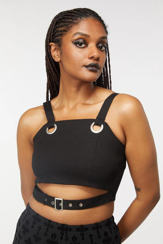 Image of a model wearing Tops. Productname: Duality Eyelet Belted Top in Black colour by brand - Dangerfield
