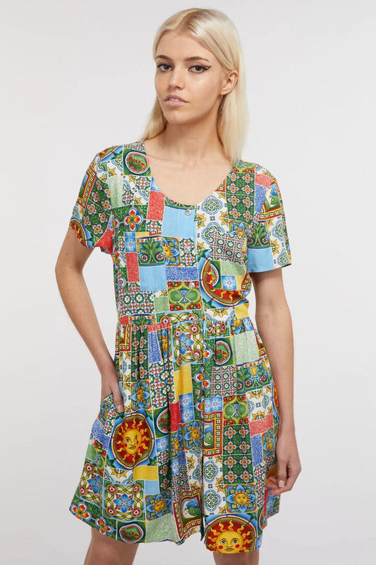 Image of a model wearing Dress. Productname: Majolica Viscose Baby Doll Dress in Multi colour by brand - Dangerfield