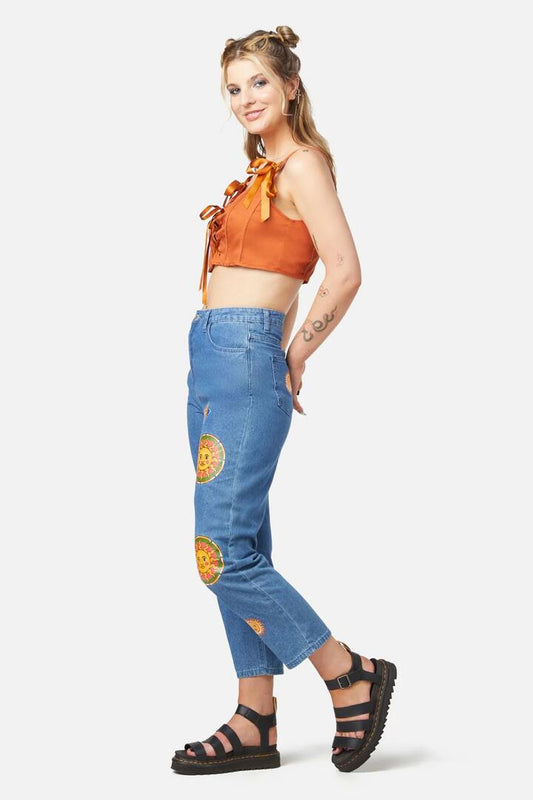 Image of a model wearing Denim. Productname: Denim Sun Print Jean in Blue colour by brand - Dangerfield