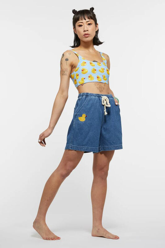 Image of a model wearing Denim. Productname: Denim Rubber Duck Short in Blue colour by brand - Dangerfield