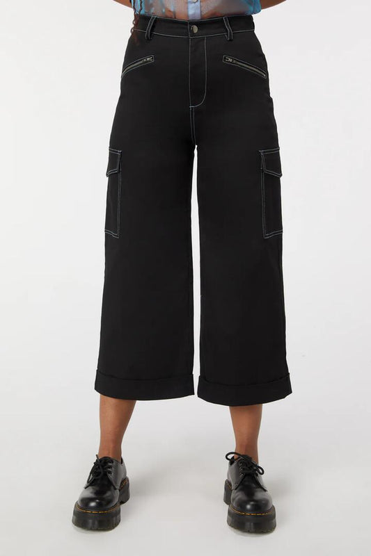 Image of a model wearing Pants. Productname: Swooping Cargo Pant in Black colour by brand - Dangerfield