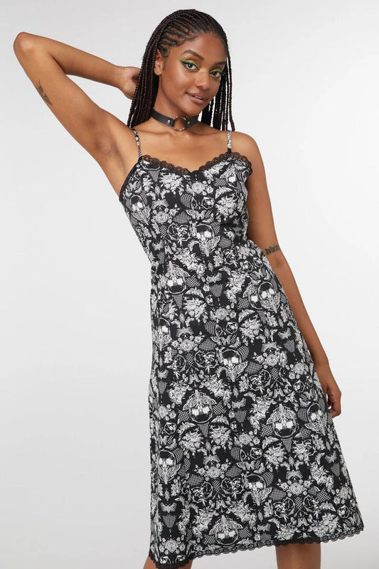Image of a model wearing Dress. Productname: Romantic Skull Lace Dress in Black colour by brand - Dangerfield
