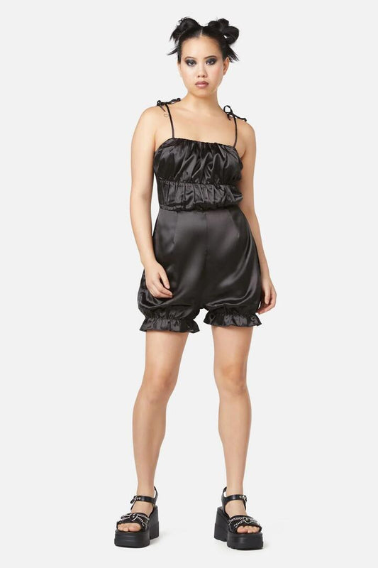 Image of a model wearing Dress. Productname: Gathered Panels Playsuit in Black colour by brand - Dangerfield