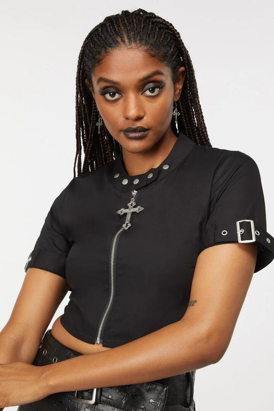 Image of a model wearing Tops. Productname: Stud Collar Zipper Blouse in Black colour by brand - Dangerfield