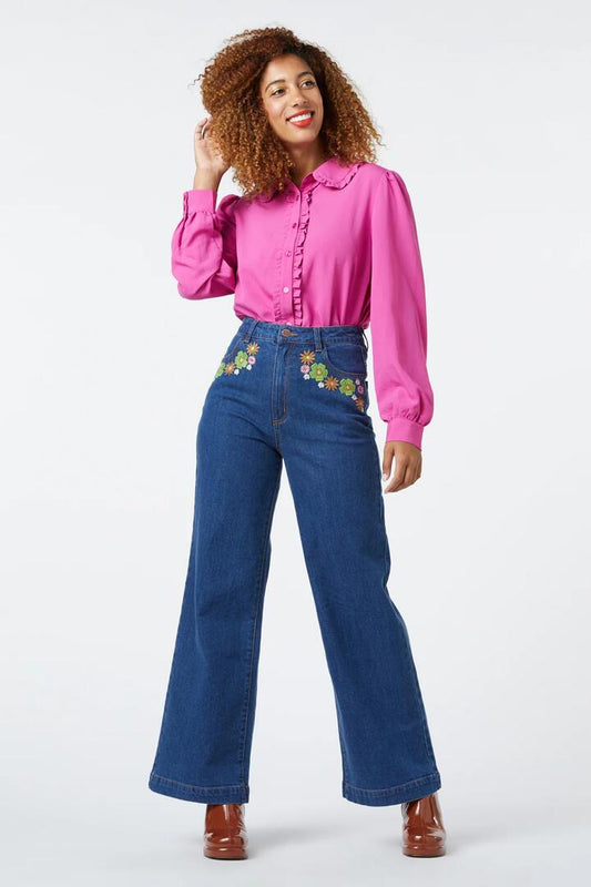Image of a model wearing Denim. Productname: Bridgette Embroidered Jean in Denim colour by brand - Princess Highway